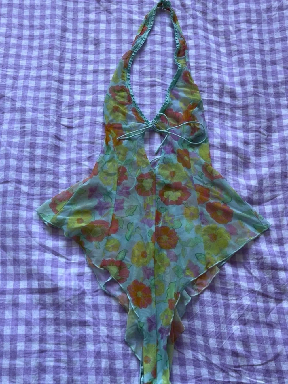 Savage X Fenty Sheer Floral Halter One-Piece in Mint Green with Orange Flowers